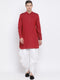 Vastramay Men's Maroon Cotton Blend Kurta and White Dhoti Set